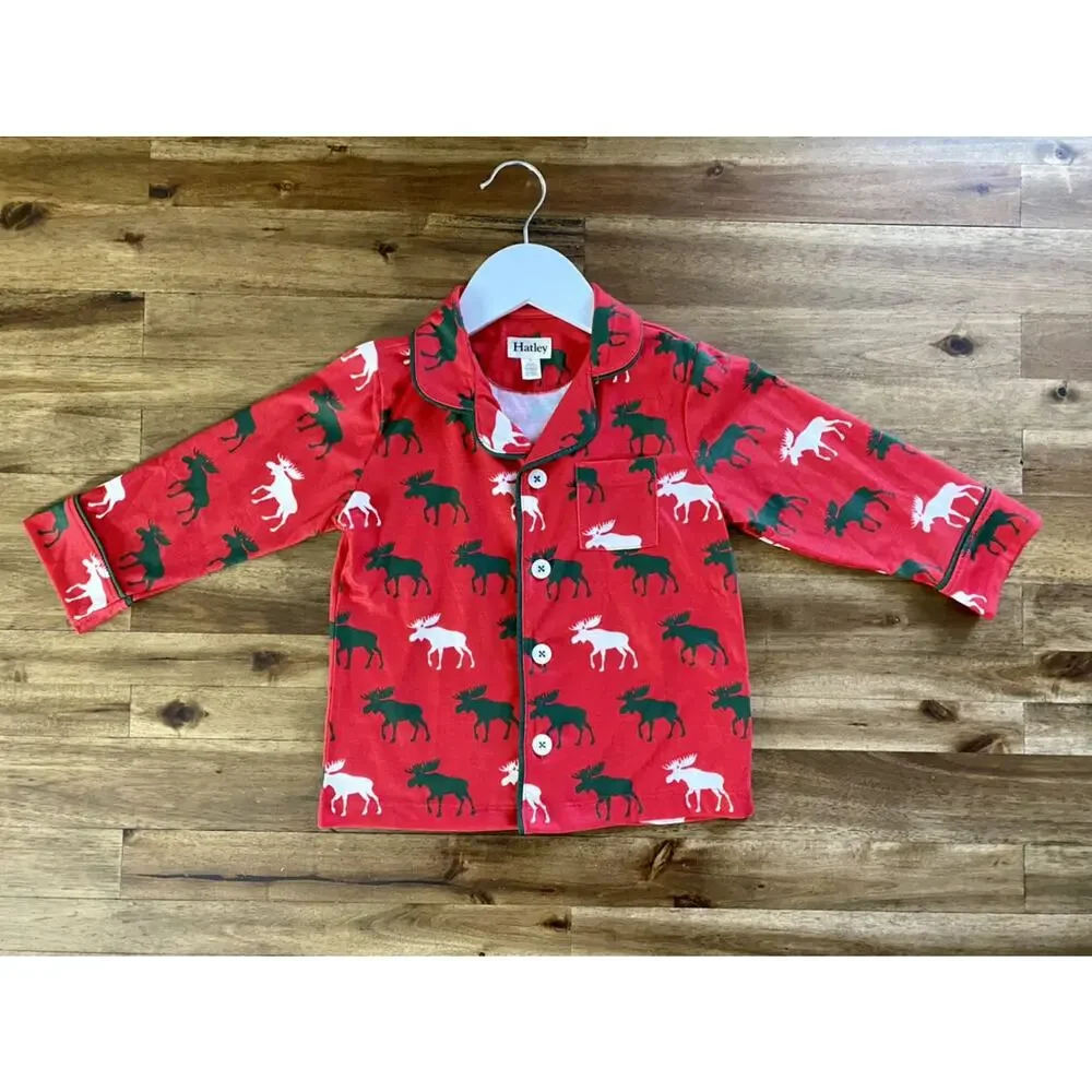 Hatley Holiday Button Down Red Green Moose Long Sleeve Pants Pajama Set 3